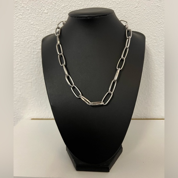 Paper Clip Link Chain Necklace - Rhodium Plated - Picture 1 of 5